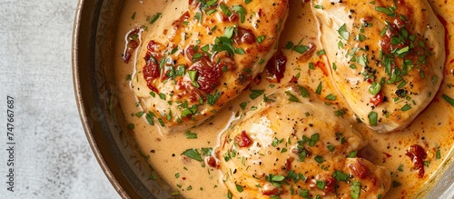 A pan filled with juicy chicken cutlets, smothered in a savory sun dried tomato cream sauce, ready to be savored.
