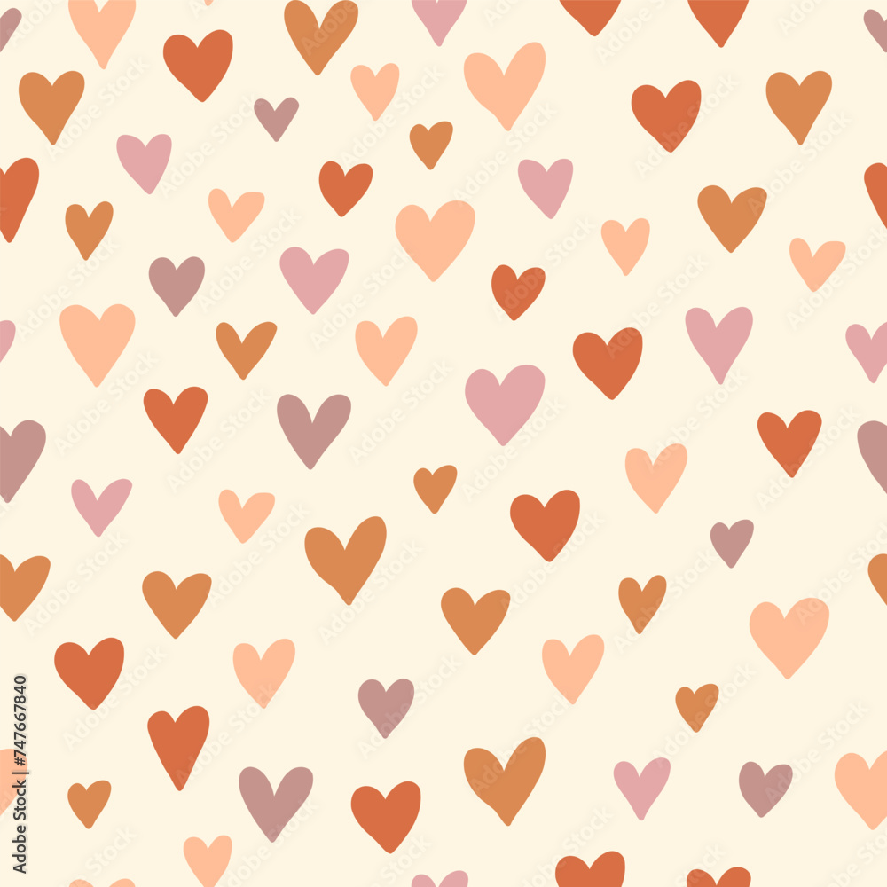 Seamless pattern design with colorful hearts in boho style. Simple abstract texture. Vector romantic background. Great for fabric, textiles, and apparel.