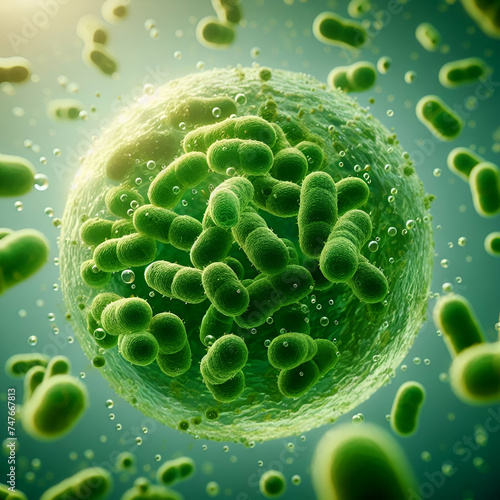 Bunch of Floating Green Bacteria Bacterial Cells. Bubbles Clumped Together Floating Liquid Water. Lantern Anti-fungal Health Pharma Resistance. Syringe Nosocomial Natural Infections. Cellular Medicine photo