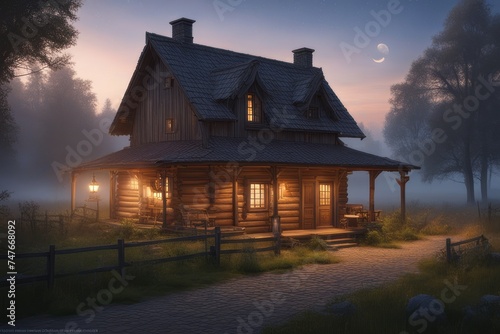 Casa de madeira no campo, ao cair da noite, luzes acesas photo