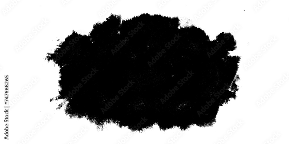 Abstract artistic grunge textured black ink smear shape with drops. Mysterious dark isolated inky blob for texture brush design, background, banner decor