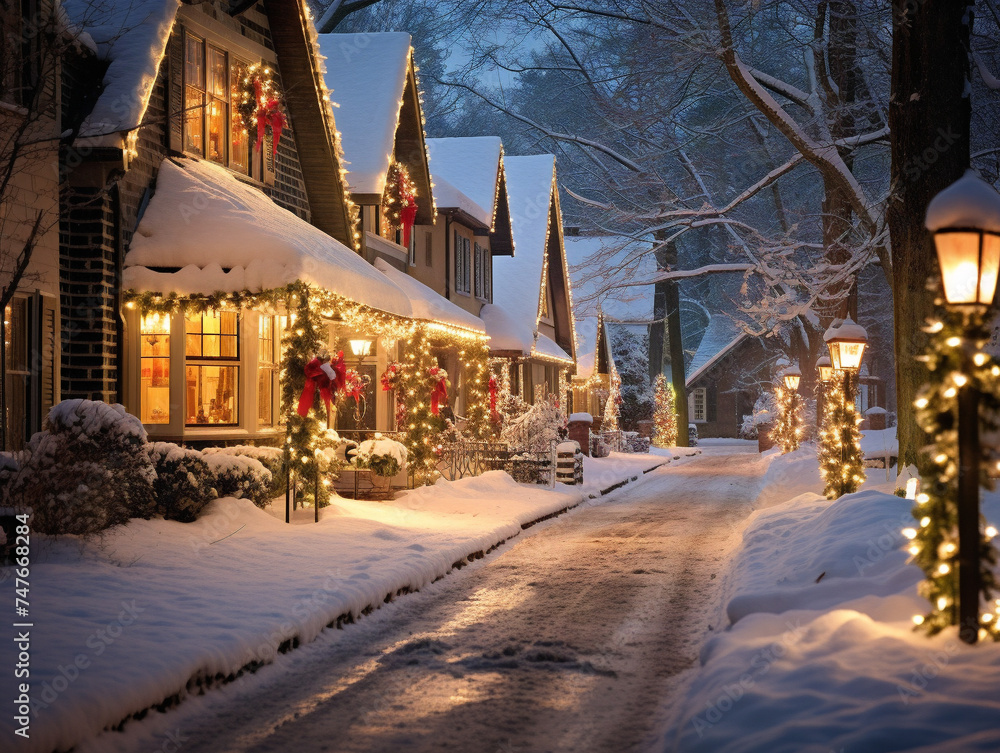 A charming village covered in snow, with cozy cottages and twinkling lights aglow at night.