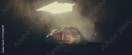 Sun shines on the head of the giant ancient deity statue hidden in a cave photo