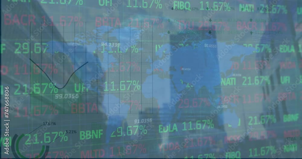 Animation of financial data processing over city Animation of financial data processing over city