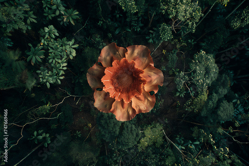 giant Rafflesia arnoldii flower growing in the middle of the forest, in the photo from above. photo