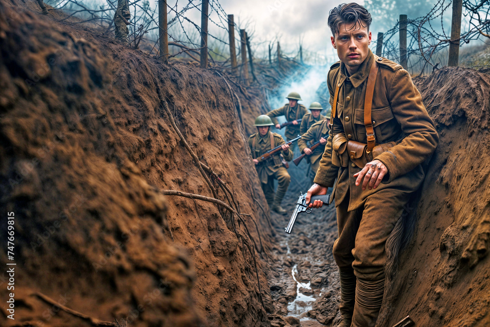 World War 1 Soldier bravely leads his soldiers through a muddy battlefield. Wallpaper background illustration design