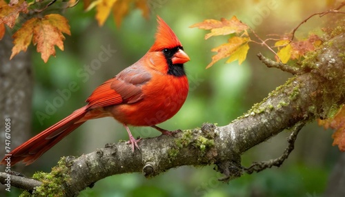 beautiful red male cardinal sitting in on an oak tree branch, realistic, vibrant reds