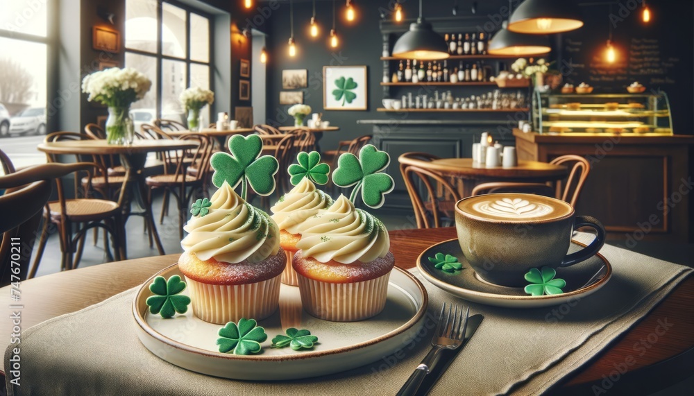 Saint Patrick Day cupcakes in a cafe. Generative AI
