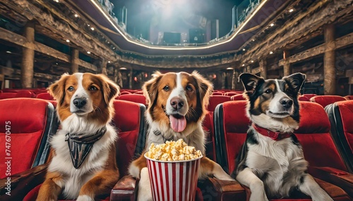 A pack of well-behaved canines enjoys a movie night in the cozy theater, snacking on popcorn photo