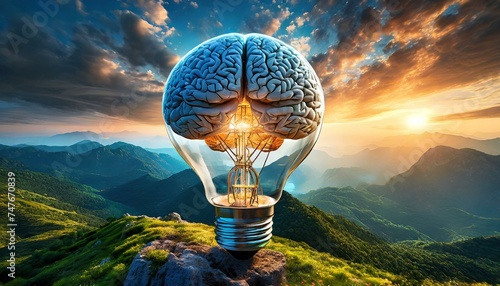 An abstract concept of human head in the form of a light bulb, with the brain inside.  #747670839