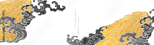 Japanese background with hand drawn wave gold and black texture vector. Hand drawn wave chinese cloud decorations in vintage style. Oriental element with art abstract banner design.