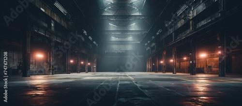 An empty warehouse with bright lights casting down onto the concrete floor below. The space appears large and industrial, with no signs of activity or movement. photo