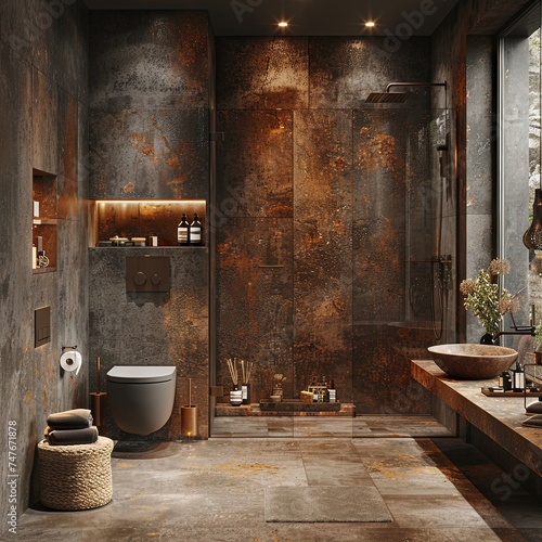 a dark grey bathroom with stone walls, in the style of photorealistic compositions, dark brown and light bronze. Generative AI