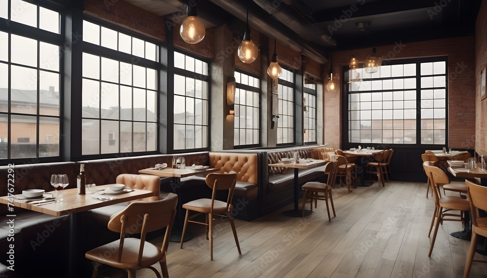 Lofty chill restaurant with wooden table and Depth of field , blurred background	
