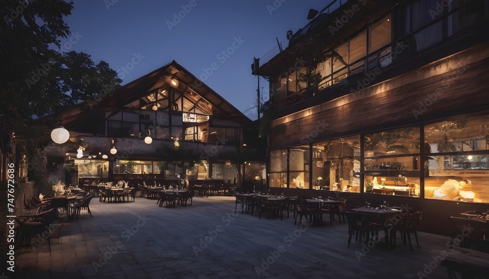Lofty chill restaurant with wooden table and Depth of field , blurred background	
