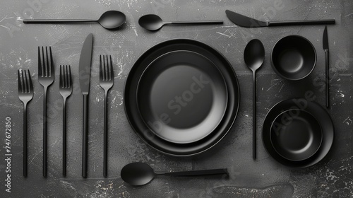Elegant black tableware set on textured dark background for fine dining
