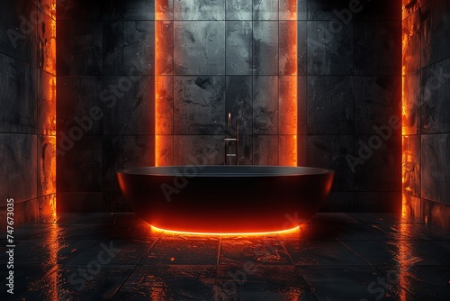 black bathroom with lights and a tub, in the style of luminous 3d objects. Generative AI