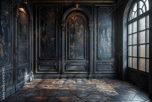 dark room interior with dark flooring  realistic interiors  light black and bronze  uhd image  post-minimalist. Generative AI
