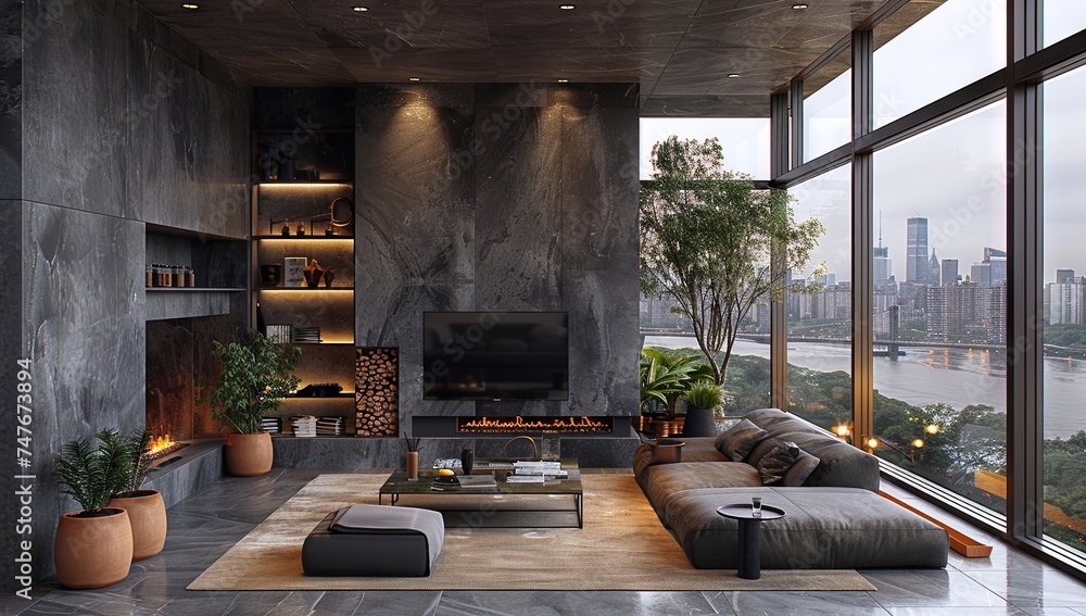 living room with a view city a 3d rendering, in the style of dark navy and dark gray, industrial materiality. Generative AI living room with a view city a 3d rendering, in the style of dark navy and dark gray, industrial materiality. Generative AI
