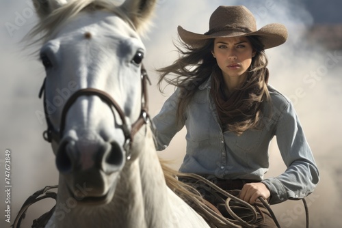 Elegant beauty of a cowgirl: grace meets grit, prairie echoes with the allure of a free-spirited, beautiful woman serene charm of a pretty girl, portrait of grace. photo