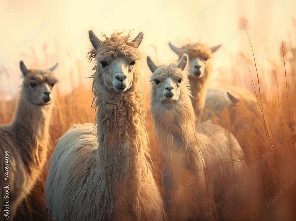 Gruppe von Lamas in einem Feld, Ein helles Lama mit neugierigem Blick Gruppe von Lamas in einem Feld, Ein helles Lama mit neugierigem Blick