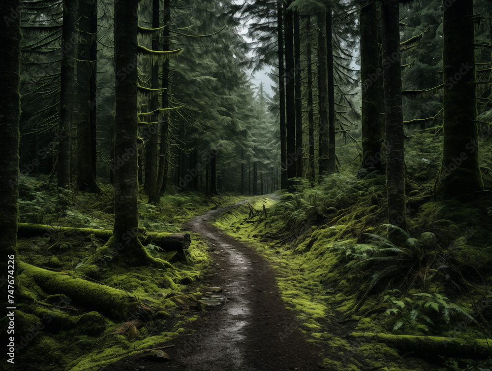 Dunkler Wald mit Nebel, Moos und einem dreckigen Weg, europäischer Urwald Dunkler Wald mit Nebel, Moos und einem dreckigen Weg, europäischer Urwald