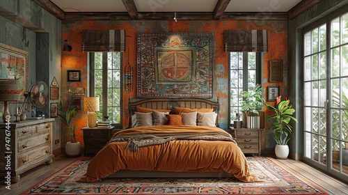 the bedroom features an orange wall with wooden floors, a bed and modern lamps. Generative AI