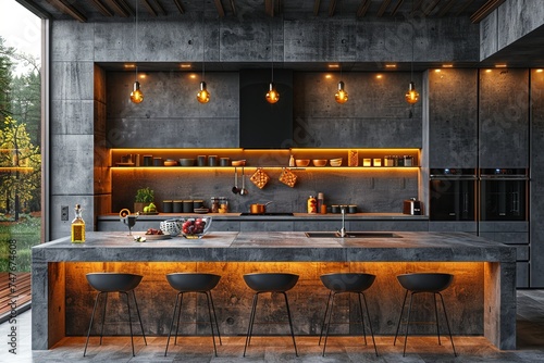 this kitchen is modern and well insulated, in the style of dark gray and dark black, matte photo, realistic rendering, minimalistic symmetry. Generative AI