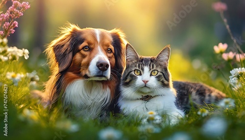 Cute dog and cat lying together on a green grass field nature in a spring sunny background © MAWLOUD
