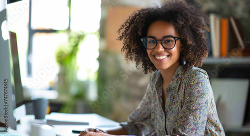 A cheerful woman with curly hair working at a computer, personifying the ease of remote work. Copy space. photo