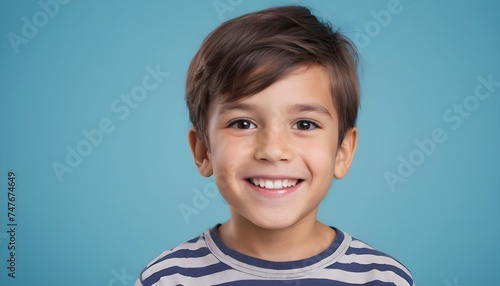 Portrait of a kid, boy, child. smiling. indoor. clean background.. blue background