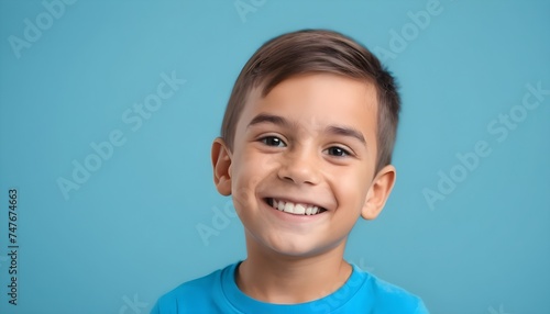 Portrait of a kid, boy, child. smiling. indoor. clean background.. blue background