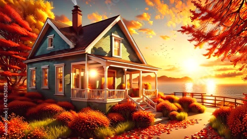 Animation of Traditional House Autumn Light and beautiful Sunset view around the lake photo