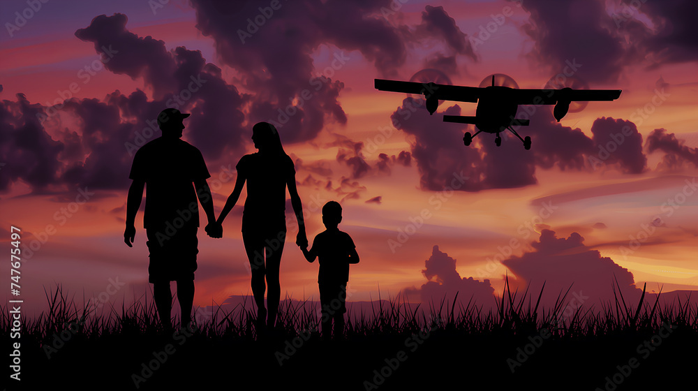 Silhouetted family holding hands at the airport, with a landing airplane against a vibrant sunset sky.
