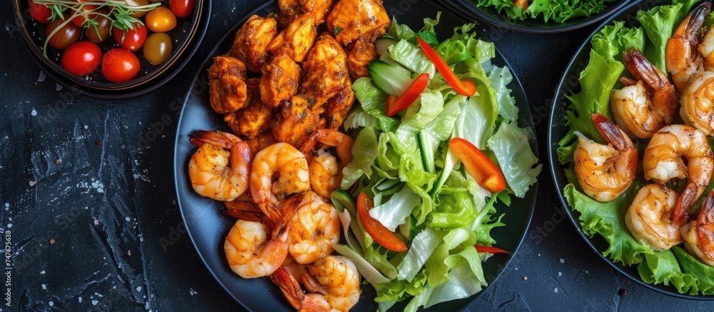 A plate filled with a delicious combination of shrimp, lettuce, tomatoes, and lettuce wraps.