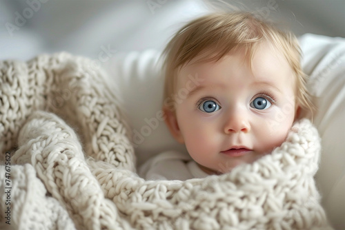 A baby wrapped in a cozy knit blanket, with bright blue eyes and a curious look. Copy space.