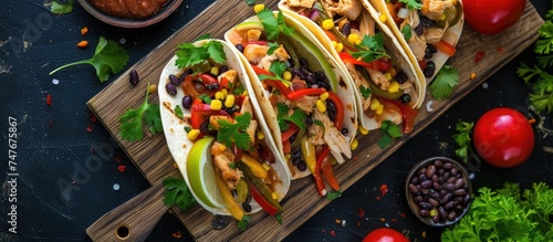 A top view of Mexican tacos featuring grilled chicken, bell peppers, black beans, fresh veggies, and tangy tartar sauce, placed on a wooden cutting board. photo