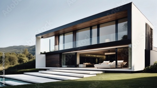 Modern villa with a minimalist exterior, incorporating clean lines and large glass panels © Damian Sobczyk