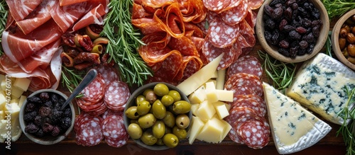 A classic party favorite showcasing a variety of cured deli meats, cheeses, olives, and dried fruits arranged on a platter.