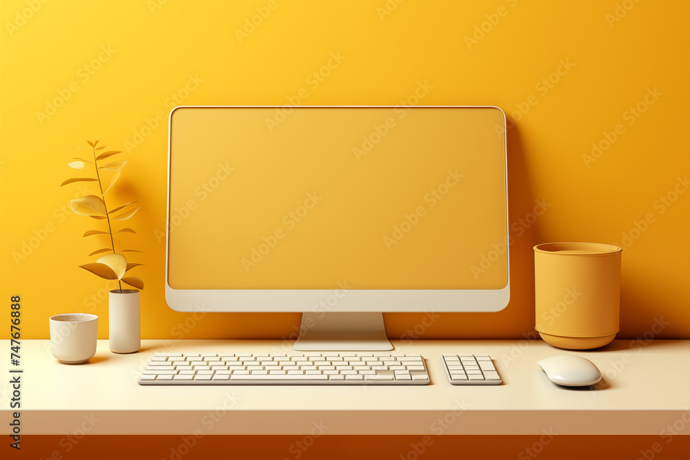 Abstrakter gelber Bildschirm auf gelb und goldenen Grund, Plastischer Minimalismus, Minimalistische Formen des Computer - obrazy, fototapety, plakaty 