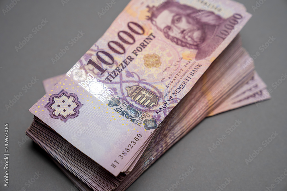 Hungarian banknote bundle money (forint) 10,000 HUF banknotes spread out on a table, close-up as background. Europe Hungary. Hungarian banknote bundle money (forint) 10,000 HUF banknotes spread out on a table, close-up as background. Europe Hungary.