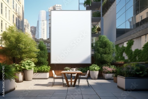 Empty billboard with copy space. Mock up of blank white street poster in square or park. Outdoor info banner. Environment and green concept. Mockup for design, advertisement, product, promotion, text