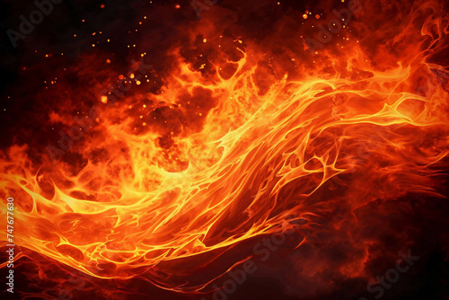 Explosive Wavy Stream of Fire and Sparks with Tongues of Flame on a Black Background