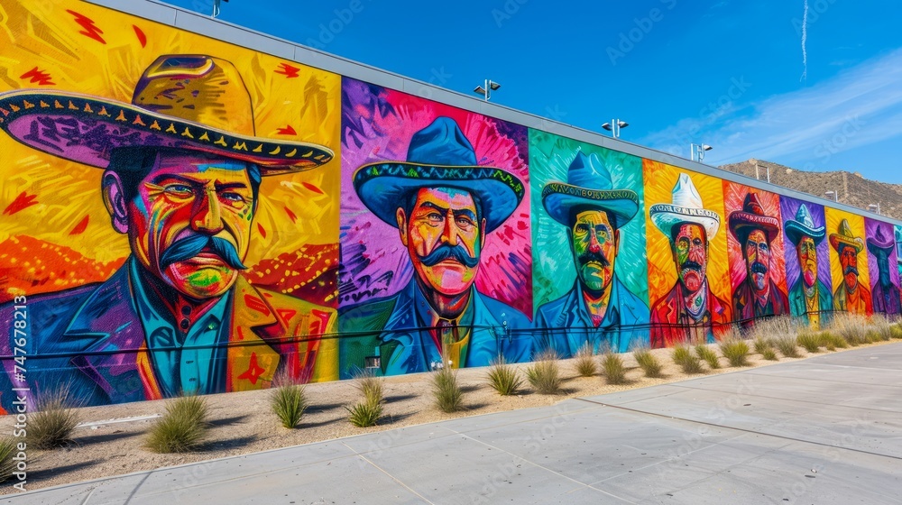 Vibrant Street Art Mural of Colorful Figurative Characters with Sombreros on Urban Wall