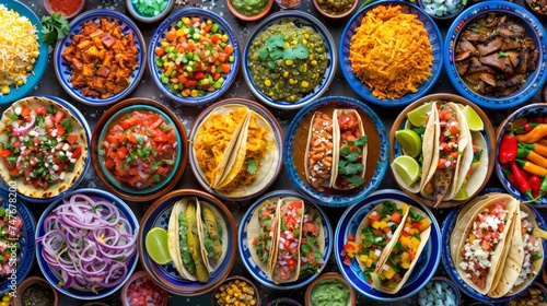 Assorted Traditional Mexican Dishes on Table Top View – Vibrant Colors and Diverse Cuisine Spread