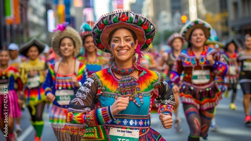 Vibrant Cultural Parade with Smiling Participants in Traditional Mexican Attire Celebrating on Sunny Street