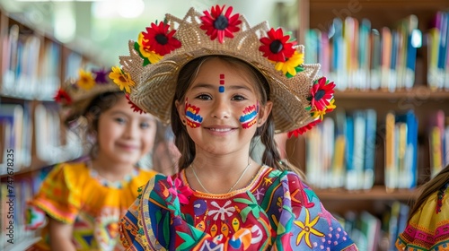 Colorful Traditional Mexican Dresses and Floral Hats on Smiling Young Girls in Library Setting