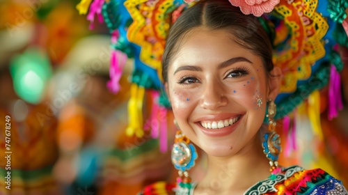 Vibrant Portrait of a Smiling Woman with Traditional Festive Make-up and Colorful Embroidered Dress