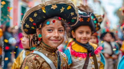 Vibrant Traditional Festival Parade with Children in Colorful Costumes and Face Paint, Celebrating Cultural Heritage and Diversity