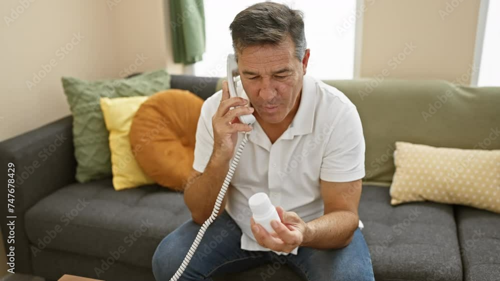 A mature man talks on the phone while examining a medicine bottle in a cozy living room. A mature man talks on the phone while examining a medicine bottle in a cozy living room.